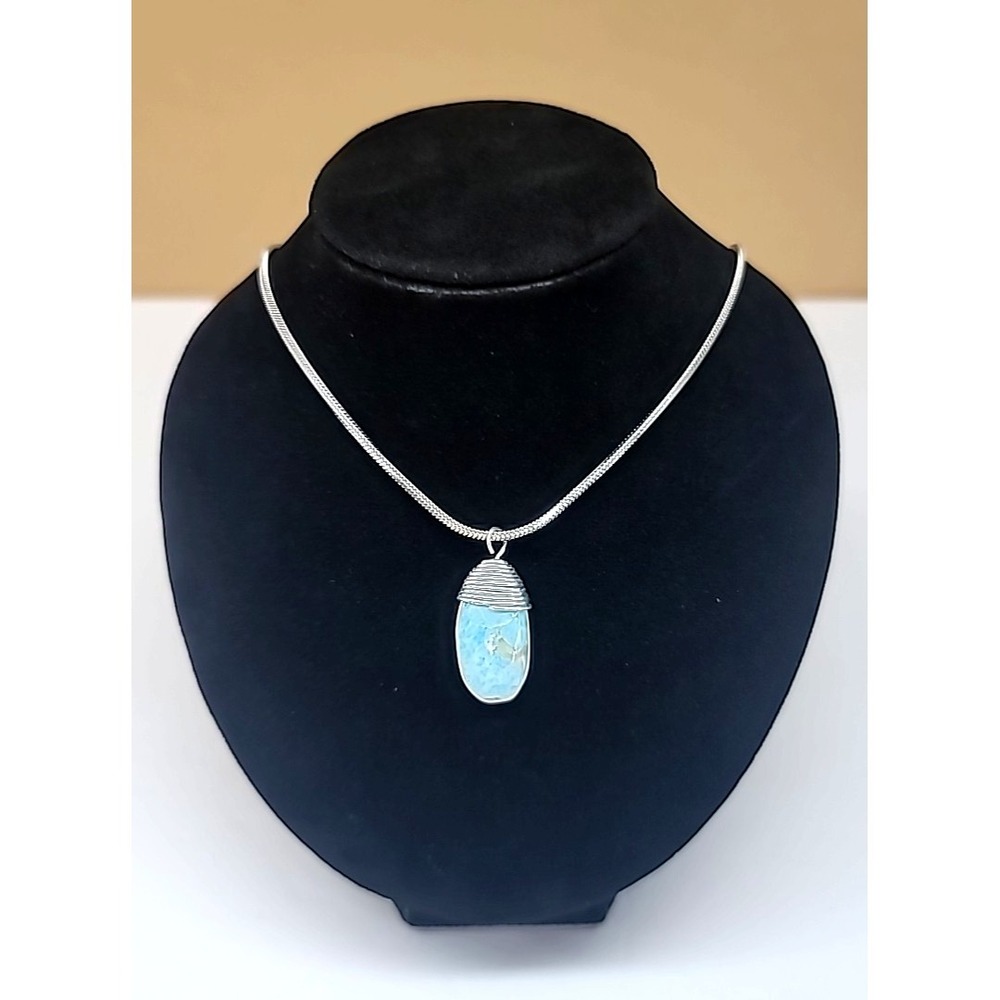 Silver Tone Wire Wrapped Oval Larimar Stone (Aqua Blue Color)‎ Pendant Necklace